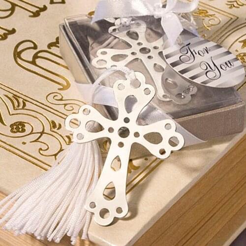25pcs/lot Creative Cross Bookmark for Books Hollow Out Stainless Steel Metal Bookmarks Wedding Gifts with Tassels Free Shipping