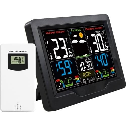 Wireless Weather Forecast Station Clock RF Indoor Outdoor Clock with RF Transmitter Digital Temperature&Humidity Thermometer
