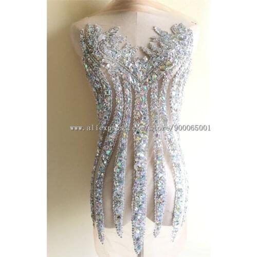 Sparkel AB Crystal Glass Bodices patch sequin sewing rhinestone applique heavy beads patches for wedding evening prom dress