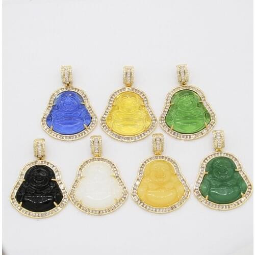 Big Size Buddha Necklace for Women Men Gold Color Stainless Steel Jewelry Colorful Chalcedony Maitreya Pendant Crystal Necklace