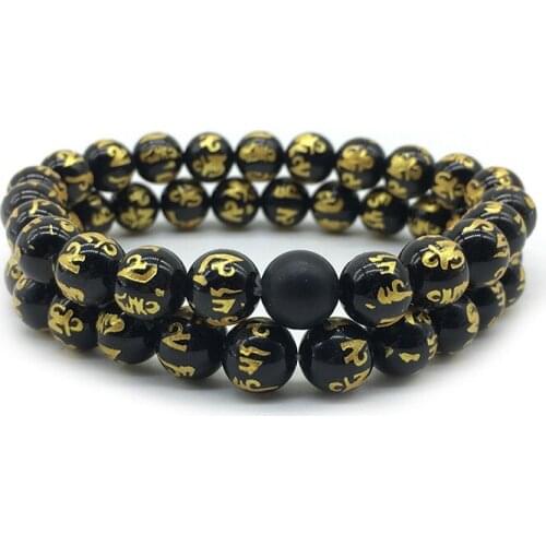 Buddhism gold stamping Mantra Couples Distance Bracelet Classic Natural Stone Black Yin Yang Beaded Bracelets for Men Women