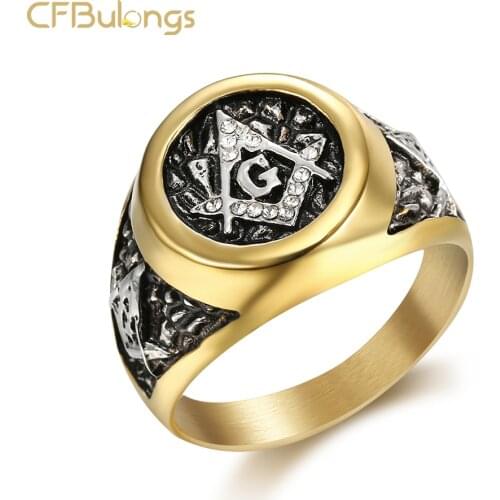CFBulongs Retro Masonic Stainless Steel Ring Inlaid with Cubic Zirconia Freemasonry Logo G Templar Punk Jewelry Boyfriend Gift