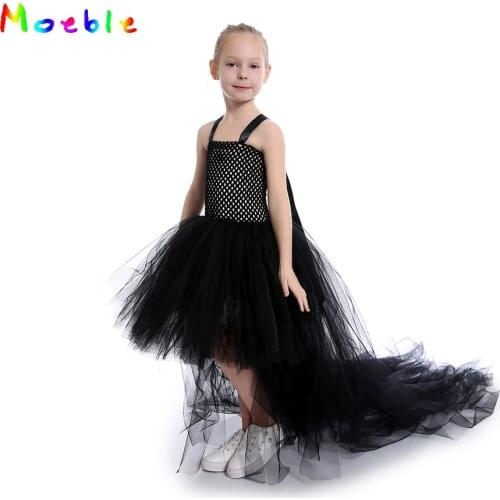 Black Girls Party Dresses with Train Junior Bridesmaid Wedding Dress Princess Ball Gown Girl Tutu Dress for Birthday Party