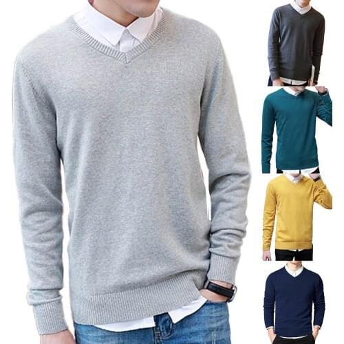 Men Sweater Knitwear Pullovers Knitted Top Solid Color V Neck Long Sleeve Slim Pullover Plus Size Knitwear Sweater Knitted Shirt