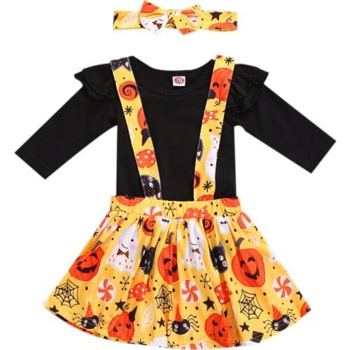 Newborn Baby Girl Halloween 3Pcs Suit Long Sleeve Rompers Pumpkin Print Suspender Skirt Headband Festival Clothes Suit 0-18M