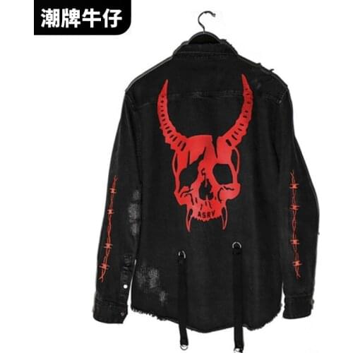 2021 Mens Gothic Denim Jacket Loose Plus Size Skull Print Top Brand Multi-pocket Jacket Slim Fit Quality Mens Punk Jacket Coats