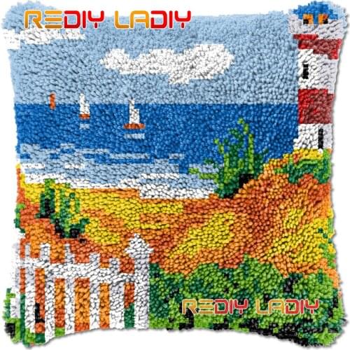 Latch Hook Cushion Lighthouse DIY Needlepoint Kits Chunky Acrylic Yarn Arts Crocheting Lofty Pillow Case Hobby & Crafts