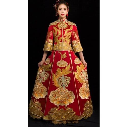 New Chinese style formal dress Rhinestone wedding cheongsam costume red bride vintage Chinese traditional Tang suit Qipao