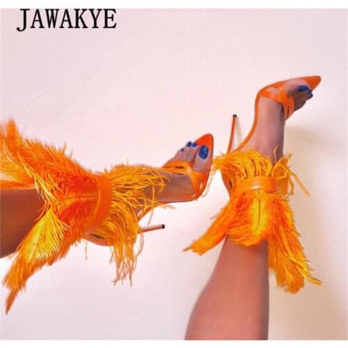 Multi Color Toe-knob Feather High Heels Party Shoes Women Sexy Pointy Gladiator Sandals Stilettos Fur Party Shoes Plus Size