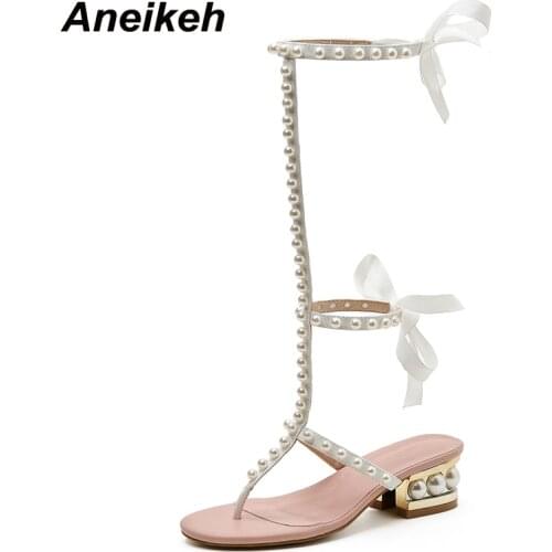 Aneikeh Rome T-Tied Sandales PU Summer String Bead Butterfly-Knot Slingback Square Heels Party Fashion Polka Dot Sandalias Mujer