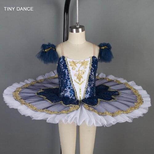 Standard Size Pre-Professional Classical Ballet Dance Costume Blue Lace Spandex Bodice and Stiff Tulle tutu Pancake Tutu BLL015