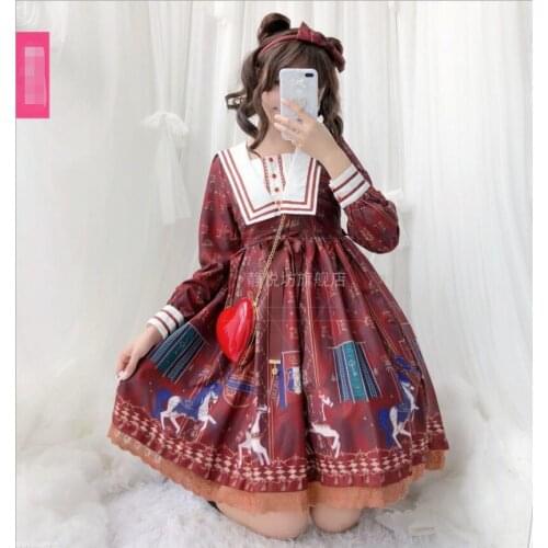 Japanese cute Trojan Lolita print OP Teens Girls long sleeve dress Lolita Retro Court Gothic Tea Club Cos Loli Party Vestidos
