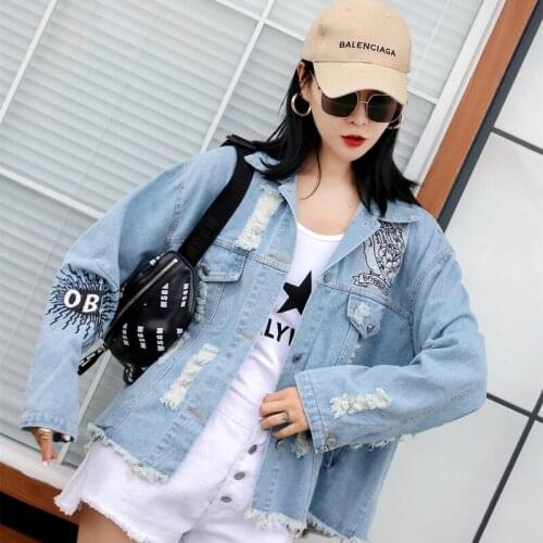 2020 Fashion The New Loose Hole Printing Beading Letter Denim Jacket Free Shipping