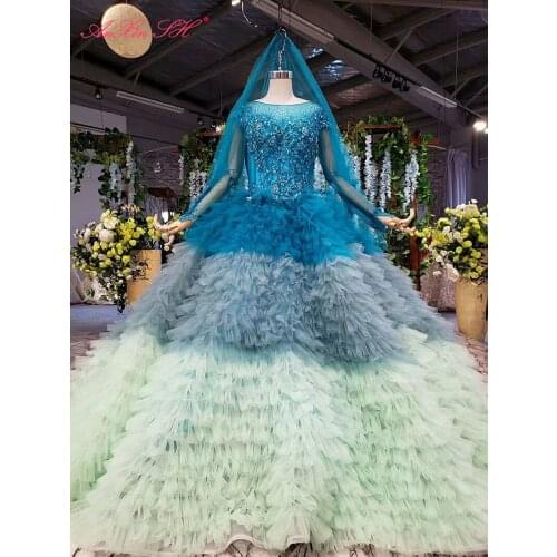 AnXin SH Luxury princess rose flower blue lace o neck beading crystal illusion long sleeve ruffles wedding dress 100% real photo