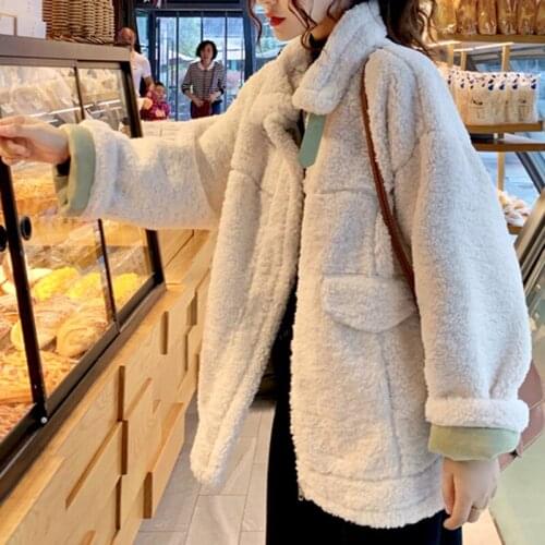 Winter Outwear Faux Wool Fur Jacket Women Loose Streetwear Warm Casual Oversize Coat Fashion Female Thick Stand Collar Overcoat