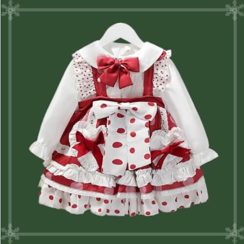 Girls Christmas Lolita Dress 2pcs Autumn Red Vintage Spanish Princess Turkish Baby Dresses Children Clothing Kids Skirt&Top Set