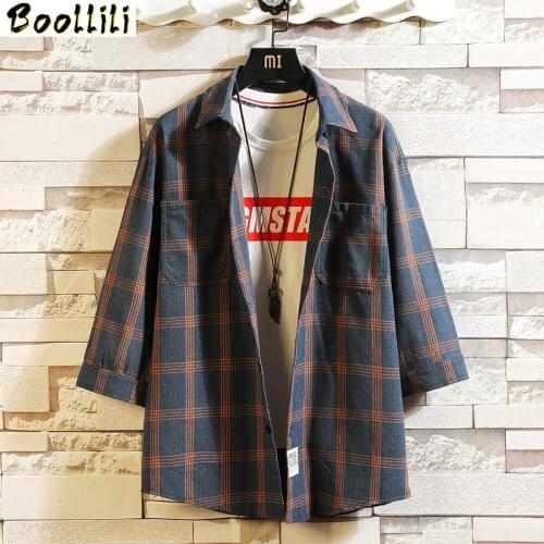 2020 Fashion Plaid Mens Striped Shirts Three Quarter Sleeve Casual Shirt Japan Shirt M-4XL 5XL Plus Asian Size Blouse