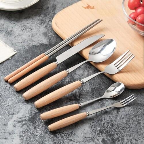 45B Sale Stainless Steel Wooden Handle Dinnerware Sets Steak Cutlery Set Creative Western Food Knife and Fork Useful