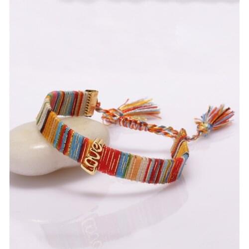 Boho bohemia gold mixed cz pave letter word LOVE tag soft cotton silk tassel wristband adjustable bracelet for woman