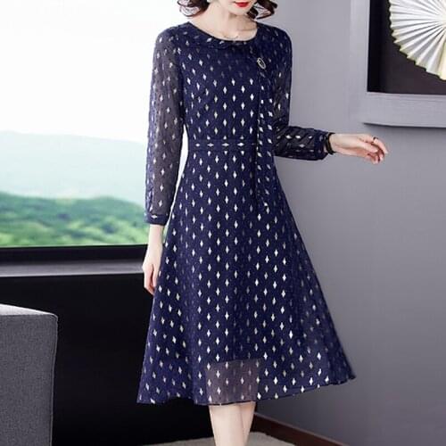 Elegant Women Blue Print Casual Long Sleeve Dresses Spring Autumn Vintage 3XL Plus Size Midi Dress Bodycon Party Vestidos 2021