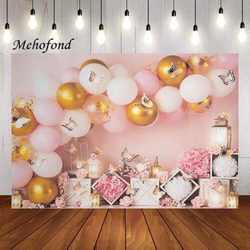 Mehofond Photography Background Pink Flower Balloon Butterfly Princess Girls Birthday Cake Smash Portrait Backdrop Photo Studio
