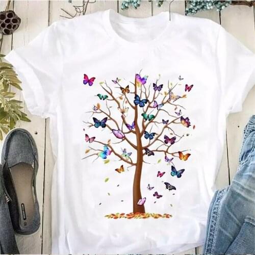 Butterfly Tree Pattern Printed T-shirt 2021 Summer Short-sleeved Butterfly Harajuku Shirt Female Clothing Woman Hip-hop Top Tees