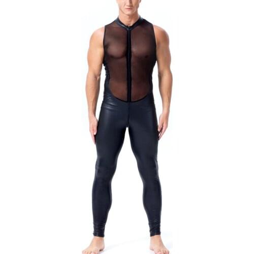 BDSM Gay Latex Jumpsuit Hollow Sissy Pants Fetish Men Transparent Mesh Tight Gay Pants Pole Dance Costumes for Adult Sex