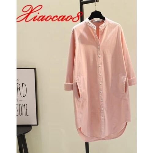 Casual Stand Collar Long Sleeve Women Shirts Dress Woman Plus Size Pocket Cotton Blouses Female Solid Elegant Tops 2XL