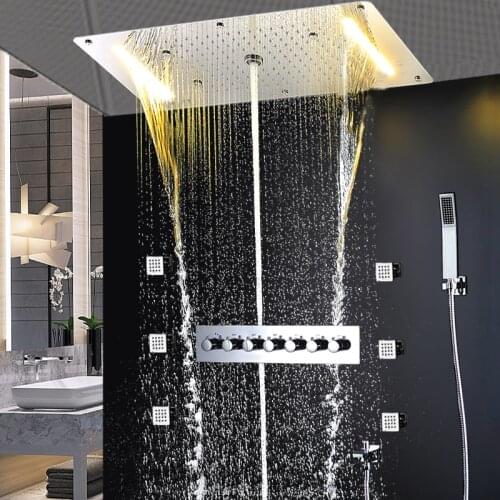 Shower Set Luxurious Electric LED Concealed Ceiling Shower System Massage Column Thermostatic High Flow Rain Shower Kit Body Jet