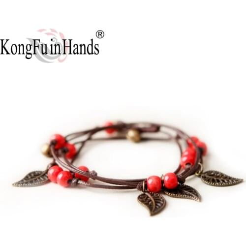 Newly Handmade Ceramic Multilayer Charm Bracelet Vintage Nature Style Valentines Day present For Girlfriend Rope Chain Jewelry