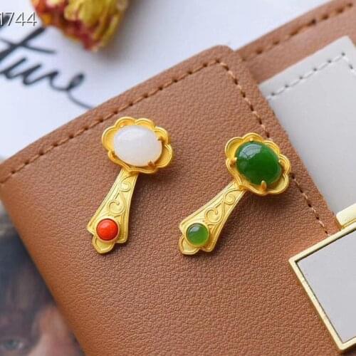 S925 Sterling Silver Inlaid South Red Hetian White Jade Jasper Ruyi Necklace Pendant Gilding Craft Simple Silver Jewlary Necklac