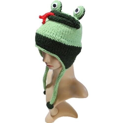 BomHCS Frog Earmuffs Knitted Hats Funny Winter Crochet Green Beanie Animal Handmade Earflap Caps for Kids Age 3-10