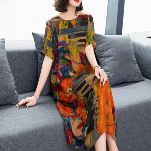 Silk vintage dress female 2020 autumn new fashion loose printed dress large sizeM-4XLhigh quality elegant womens party vestidos