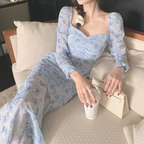 Summer Chiffon Elegant Dress Women French Sweet Print Floral Long Dress Female Casual V-neck Holiday Pretty Party Dress