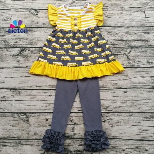 Sunny Girl Clothing Children Fall Ruffle Clothing Set Baby School Bus Print back to school Outfit Wholesale Baby Sweet Girl Clo