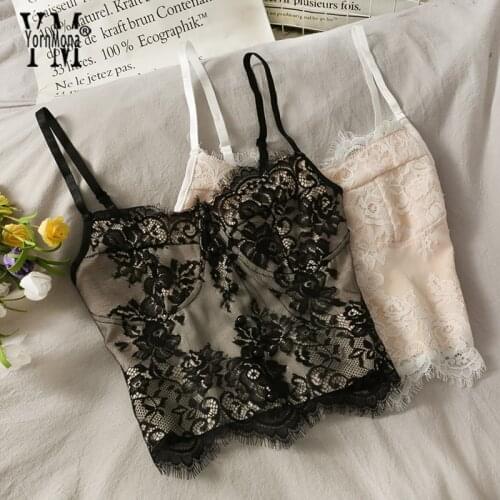 YornMona Korean Fashion Black Beige Lace Tops Women Sexy Backless Short Camis Spaghetti Strap Pullover Shirt Tanks Female Tops
