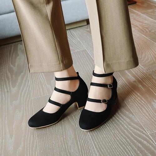 2020 Spring Women Pumps buckles High Heels Fashion Round Toe Ladies Shoes Wedding Party Square Heel Shoes 34-43 sapato feminino