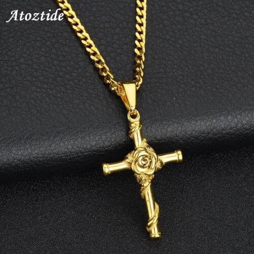 Atoztide Stainless Steel Vintage Gold Rose Cross Necklace Pendant Necklaces Charm Jewelry Women Girls Gifts