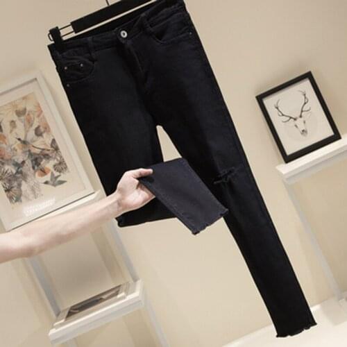 Hoge Taille Skinny Ripped Jeans Ruwe Rand Enkellange Potlood Broek Met Gat Plus Size Dames Koreaanse Stijl slanke Denim