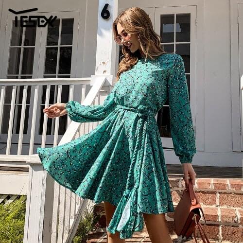 Yesexy 2021 Sexy Floral Print Long Sleeve Mini Dress Women A-line Lace Up Casual Beach Dress Short Party Dress Vestidos M0957-1