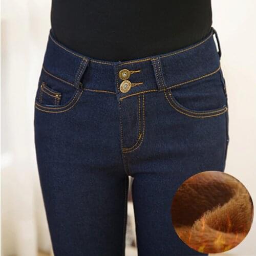 Oversized Winter Warm Jeans Pants For Women Gold Fleeces Thickening Hot Denim Pants High Waist Mom Jean Trousers Female P9107