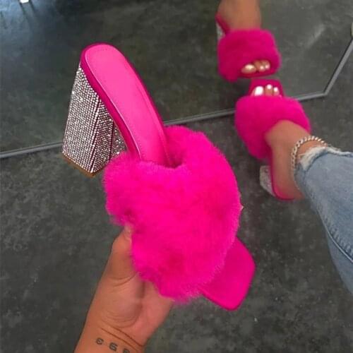 Platform Outdoor Leisure Slippers Spring/Summer 2021 New Women Fur Rubber High Heel Rhinestone Banquet Party Sandals