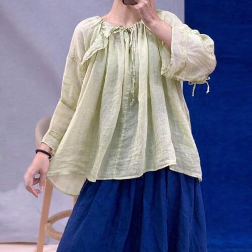 Johnature 2021 New Vintage Linen Loose Womens Tops And Blouses Summer O-neck Full Sleeve Solid Color Tie Ruffles Shirts