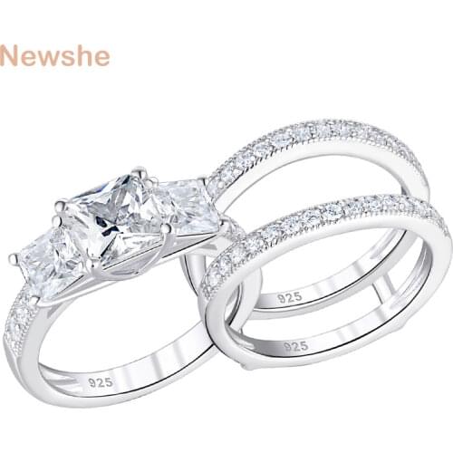 Newshe New Trend 3 Princess Cut AAAAA CZ 925 Sterling Silver Wedding Rings Set For Women Engagement Ring Guard Band BR1187