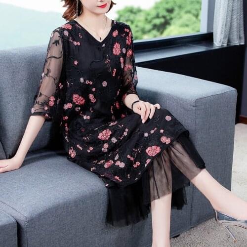 Spring Summer Women V Neck 3/4 Sleeve Ruffled Embroidery Black Dress , 2020 Korean Womens Mesh Foral Mid Calf Dresses