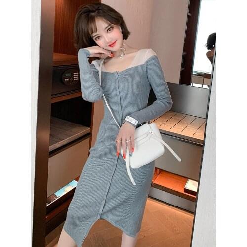 Fashion feminine contrast stitching V-neck slim slimming split knit dress womens 2020 early autumn new
