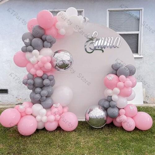 137pcs Macaron Pink Balloon Arch Kit Matte Grey White 4D Silver Baby Shower Decorations Gender Reveal Birthday Party Supplies