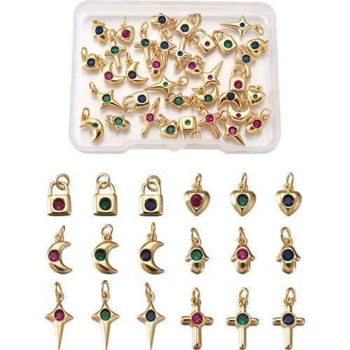 36Pcs Brass Micro Pave Cubic Zirconia Charms Lock Moon Cross Shape with Jump Ring for Bracelet Necklace Earring Jewelry Making
