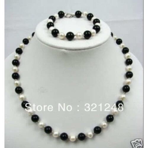 Free shopping new 2014 DIY 7-8mm white pearl and onyx necklace & bracelet set GE5176