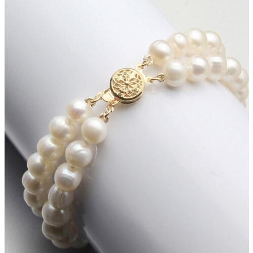 New 7-8mm 2 Rows Genuine Natural Freshwater Akoya Pearl Bracelet 7.5" AAA